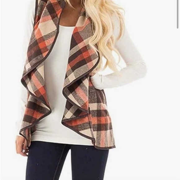 Size small Womens Lapel Open Front Sleeveless Plaid Vest Cardigan with Pockets - Picture 1 of 3
